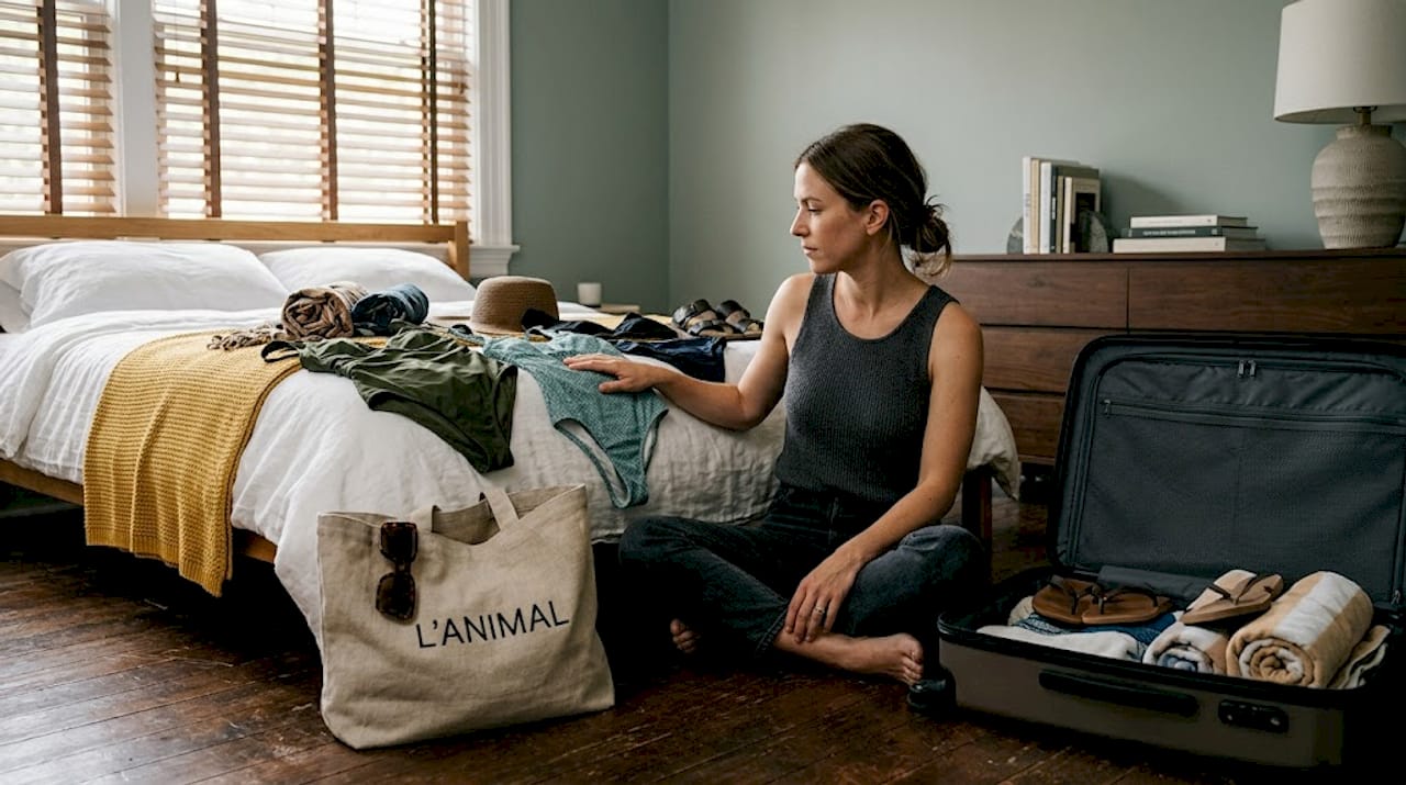 Woman sorting beachwear next to suitcase in bedroom