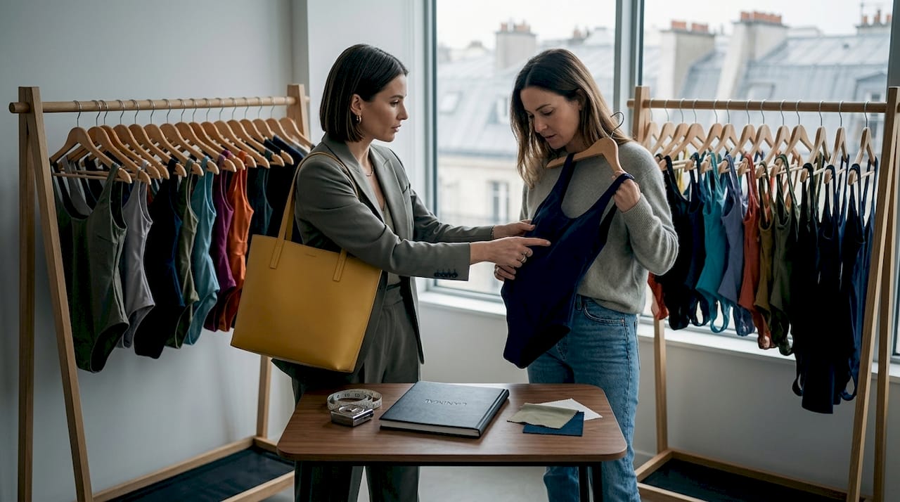 Stylist and client review bathing suit options