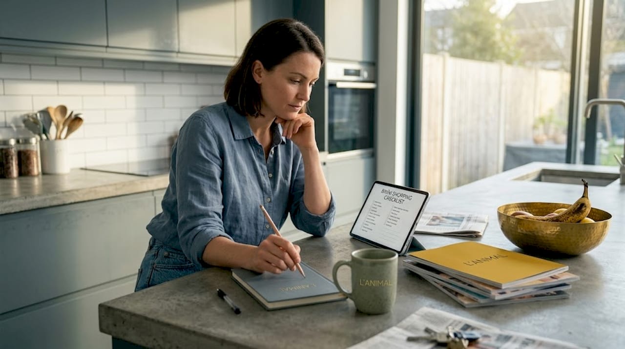 Woman using tablet for bikini shopping checklist