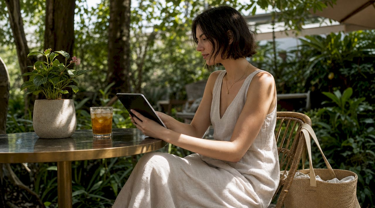 Woman browsing premium swimwear online at balcony table