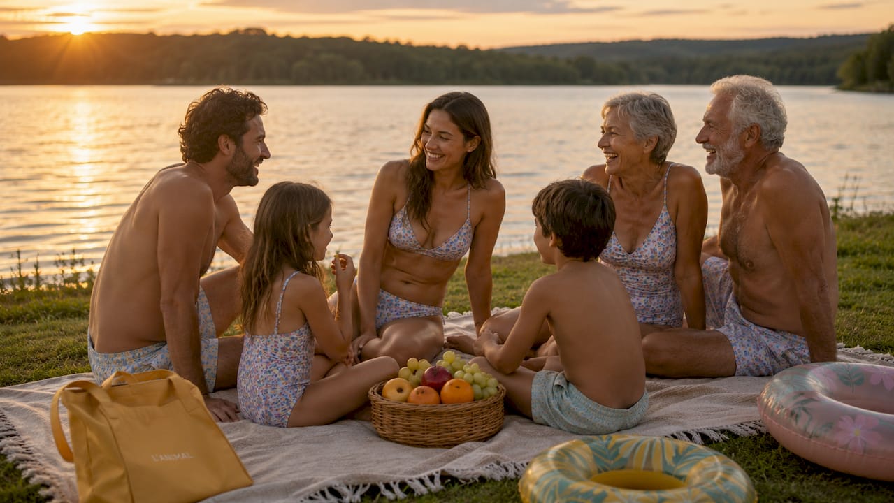 Multi-generational family in matching swimsuits at beach
