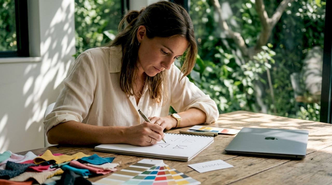 Designer sketching swimwear logos at studio desk