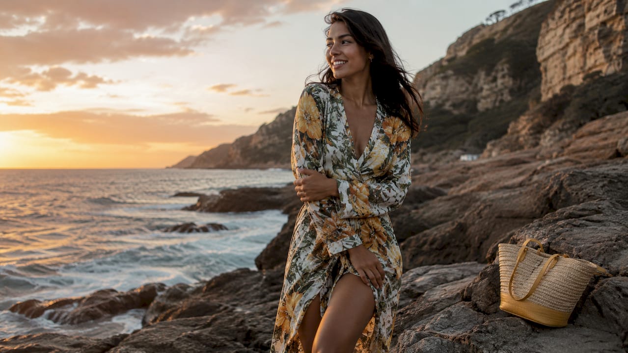 Woman wearing floral print dress on tropical beach
