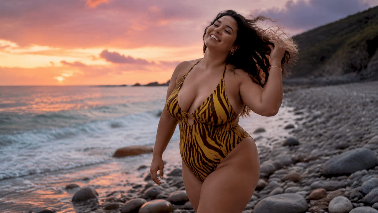 Confident woman in bikini on sunlit beach
