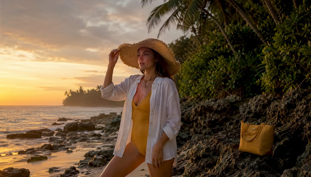 Woman layering swimsuit and linen shirt on beach