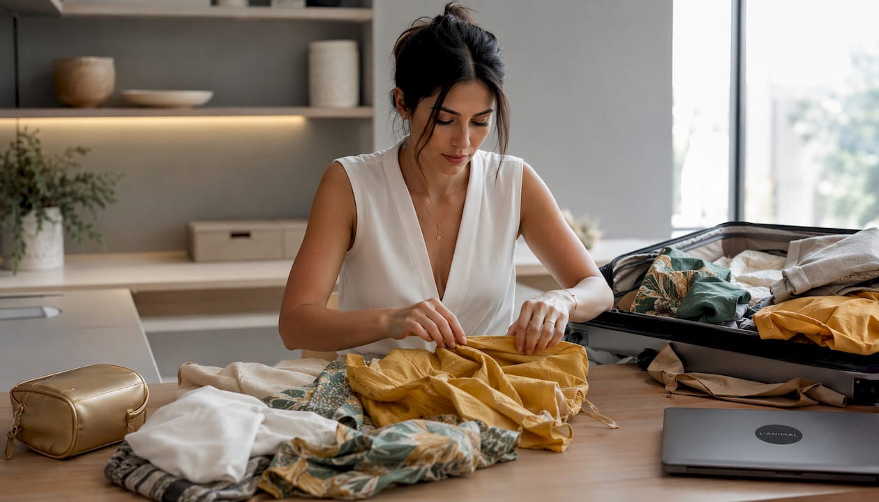 Woman packing a colorful matching travel outfit