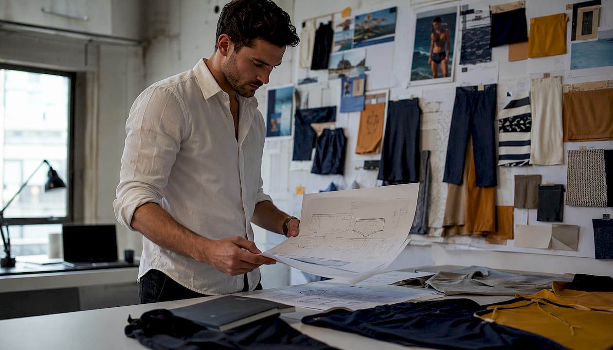 Developer reviewing men's swimwear tech pack