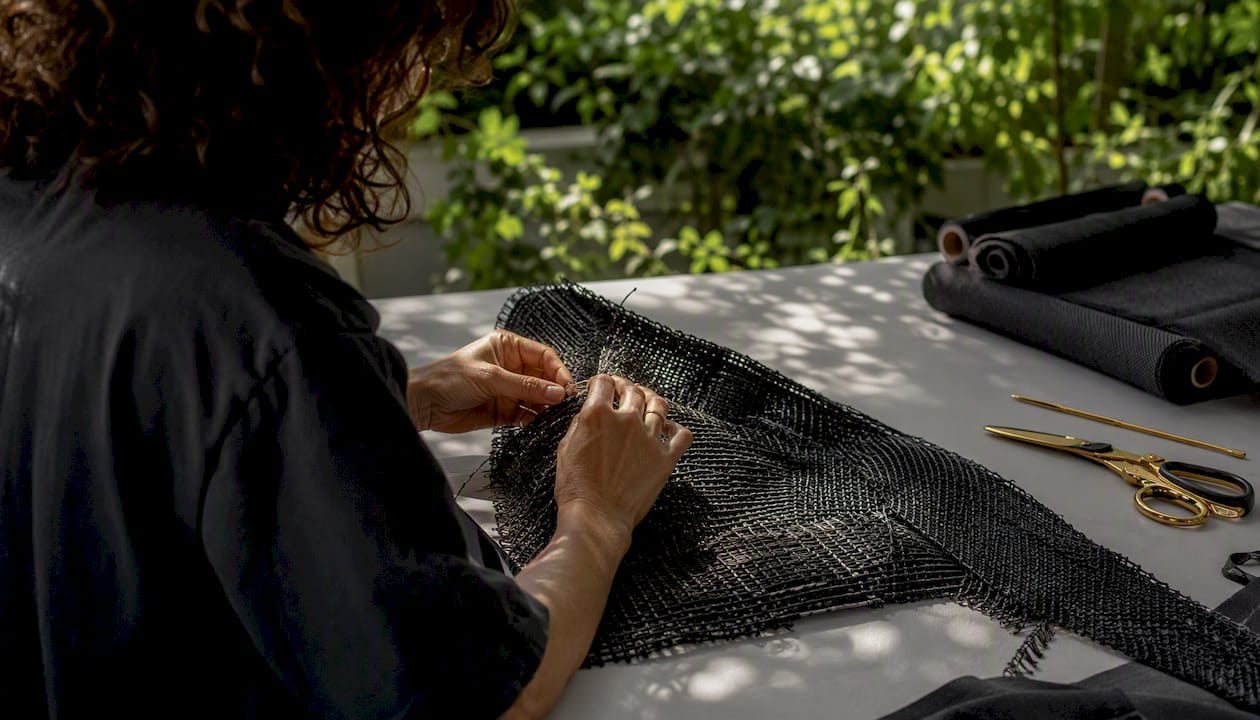 Hands cutting sustainable swimwear fabric