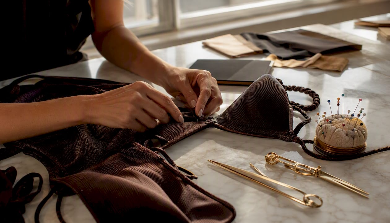 Hands adjusting seams on swimwear fabric