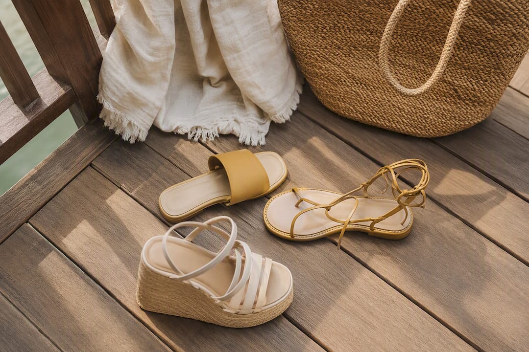 Three different resort sandals arranged for packing