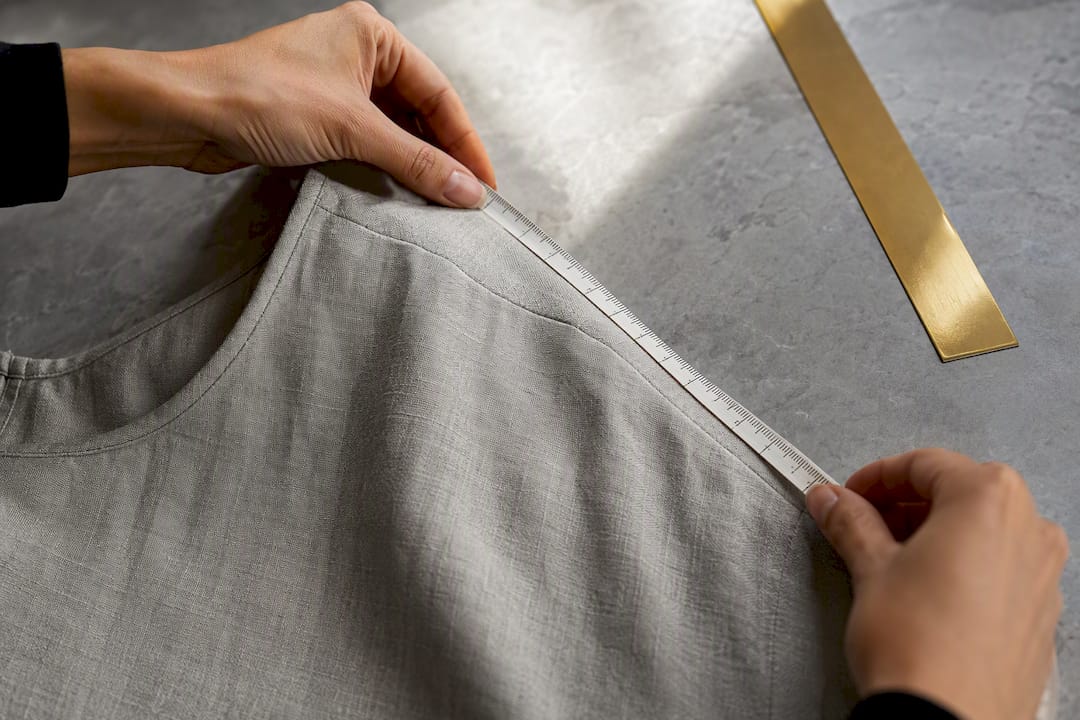 Designer aligning a petite garment shoulder seam