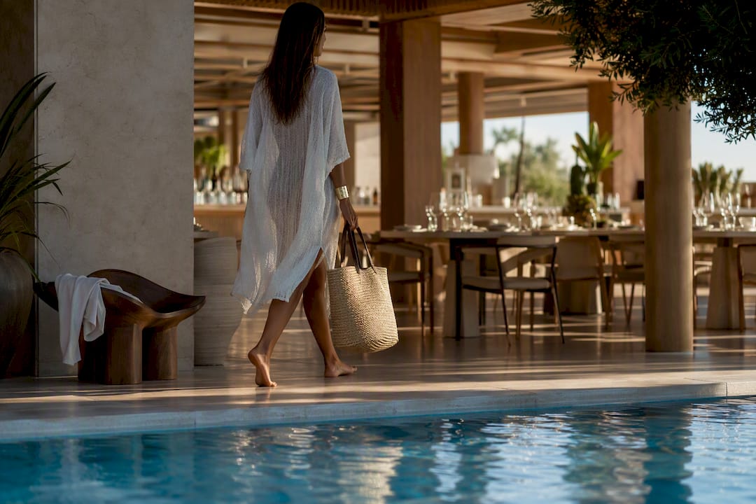 Editorial pool-to-dinner beach club styling scene