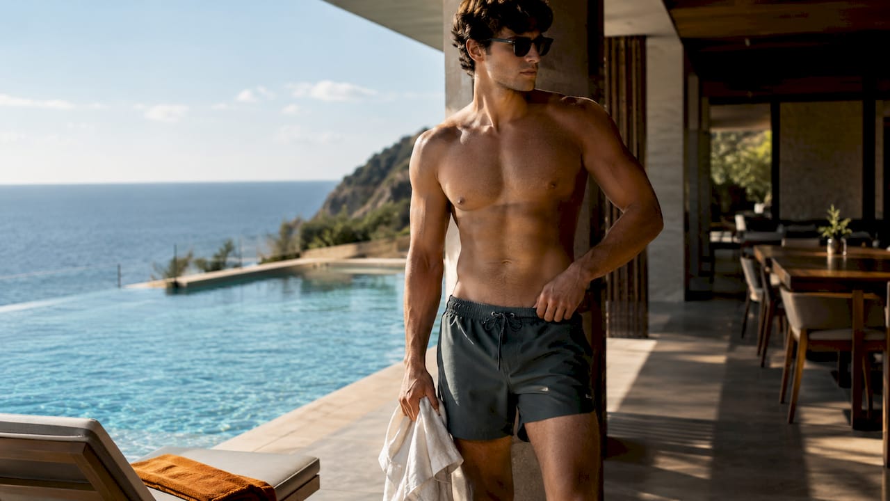 Model transitioning from pool to resort dining