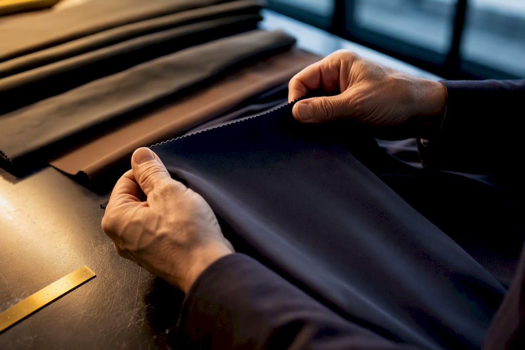 Hands inspecting premium swimwear fabric