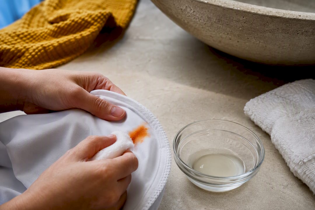 Hands treating orange sunscreen stain on swim fabric