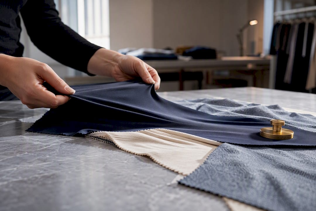 Swimwear fabric swatches showing stretch and recovery