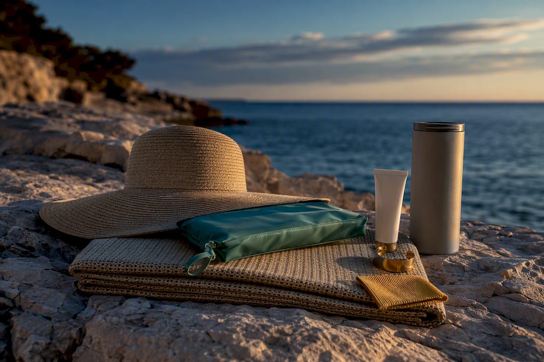 Luxury beach accessories arranged beside calm sea