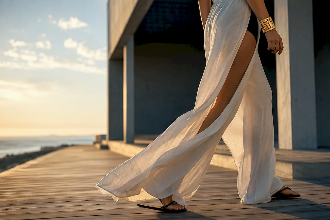 Flowing beach pants on a resort boardwalk
