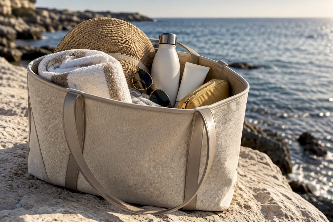 Curated beach bag essentials beside shoreline