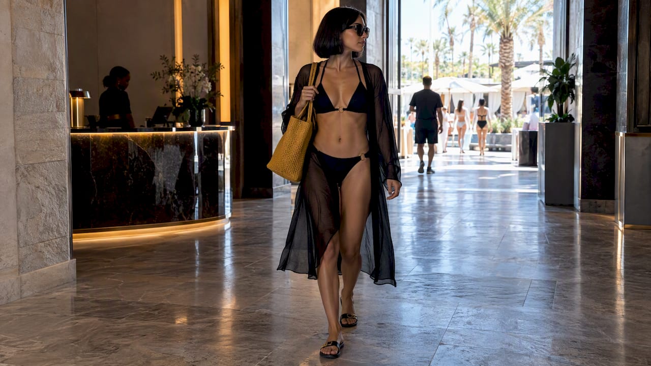 Woman walking toward Las Vegas pool club