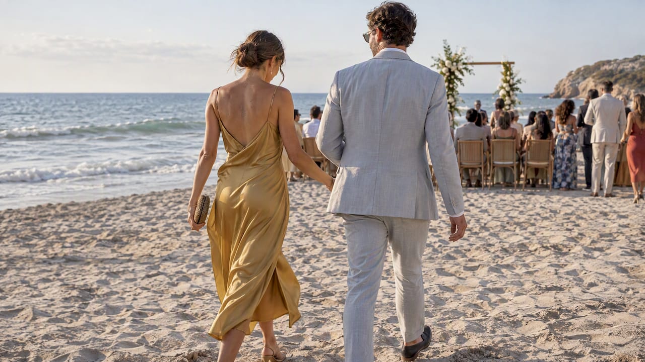 Guests walking to a beach wedding