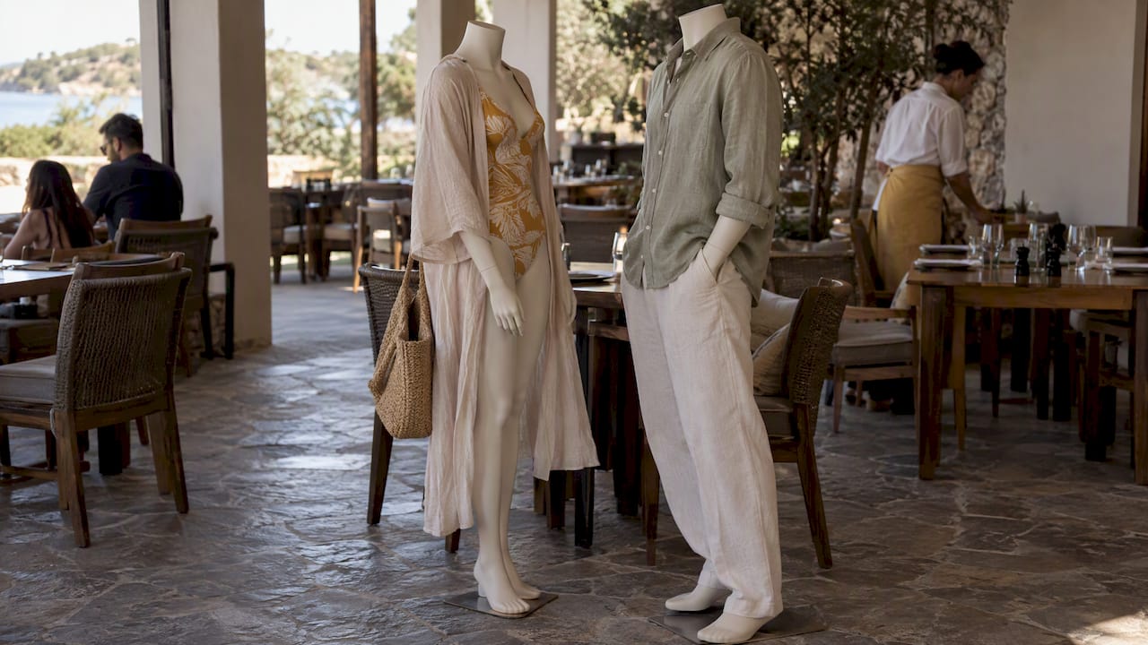 Couple in coordinated resort outfits on terrace