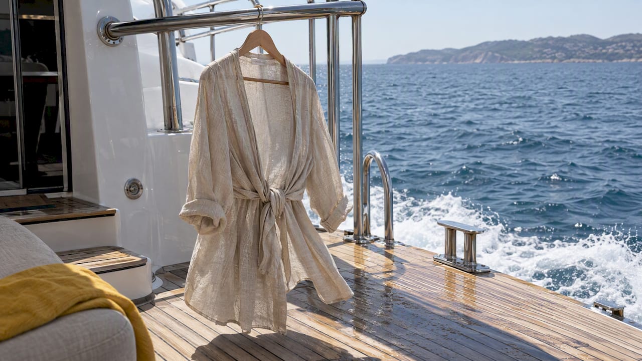 Woman tying a cover-up on a yacht deck