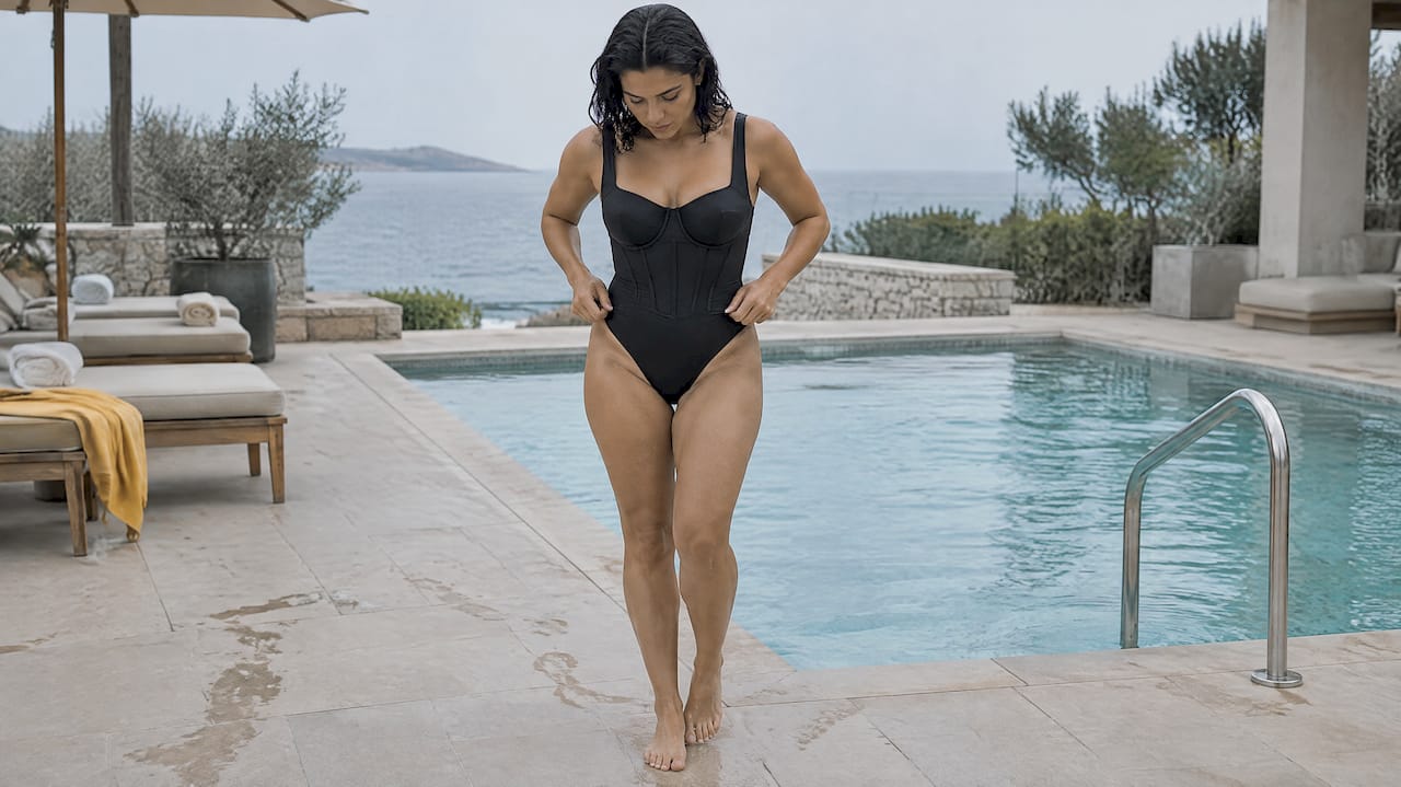 Woman wearing a structured corset one-piece swimsuit
