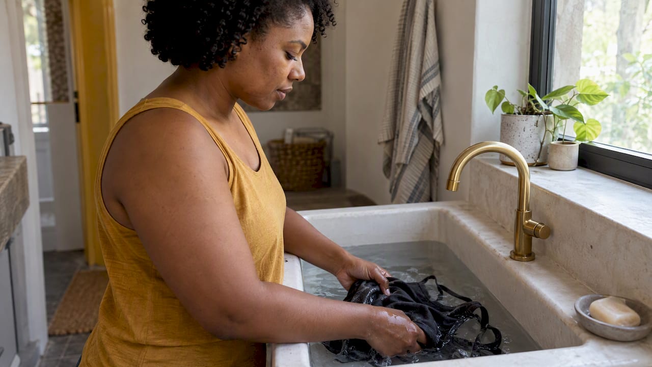 Woman gently hand-washing a swimsuit in a sink