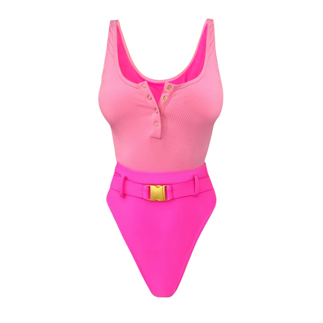 Panthère Rose II One-Piece Swimsuit — Sculpting Ribbed Fabric with Waist Belt - L'ANIMAL CO