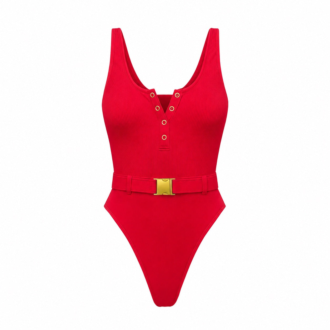 Panthère Rouge One-Piece Swimsuit — Sculpting Ribbed Fabric with Waist Belt