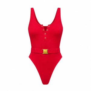 Panthère Rouge One-Piece Swimsuit — Sculpting Ribbed Fabric with Waist Belt